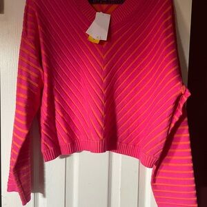 Vibrant Pink and Orange V-Neck Sweater